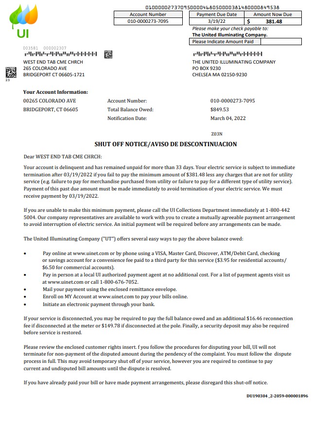 USA Massachusetts Chelsea The United Illuminating Company utility bill shutoff notice, Word and PDF template